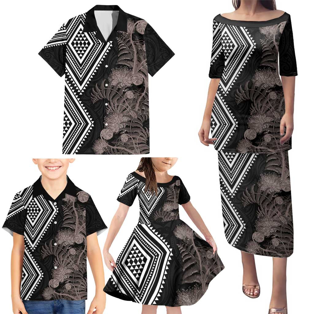 Aotearoa Tukutuku Motif Family Matching Puletasi and Hawaiian Shirt Pohutukawa and Fern Leaves Grayscale Color LT03 - Polynesian Pride