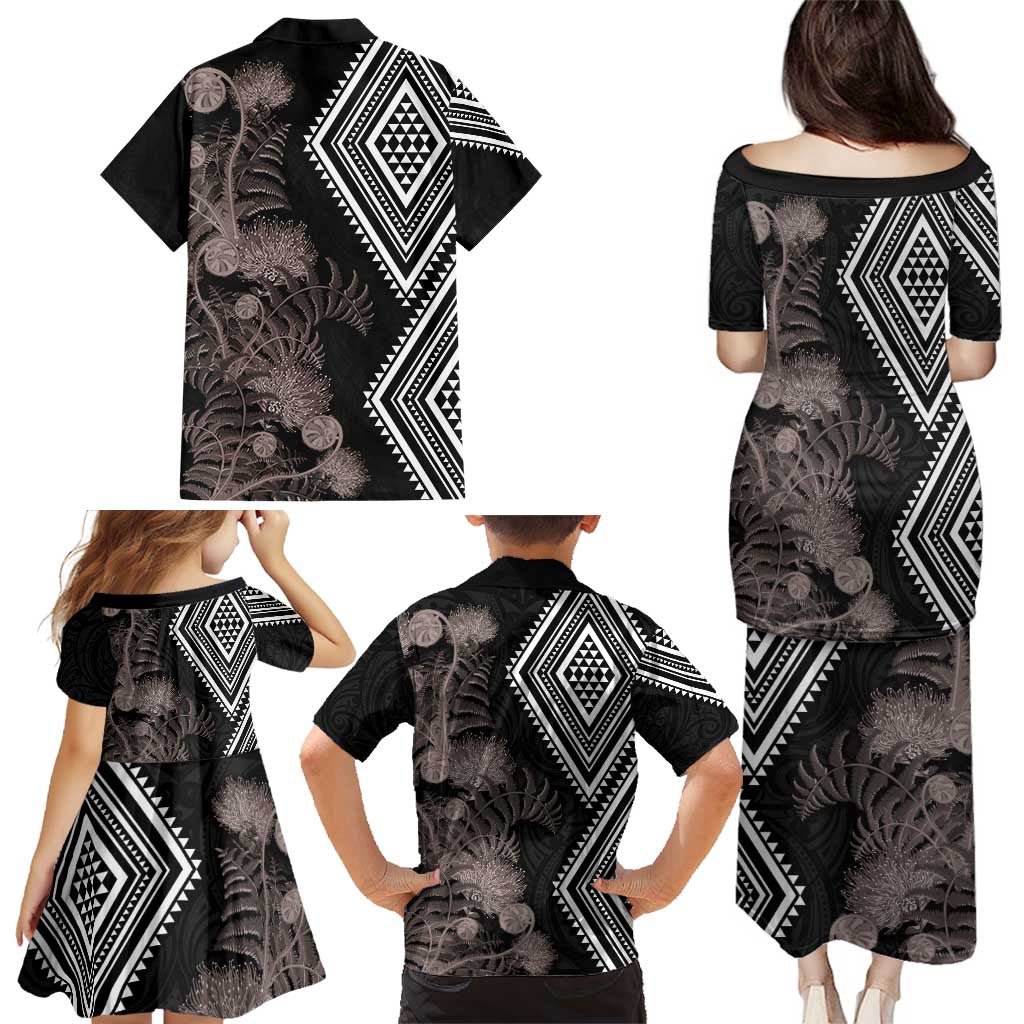 Aotearoa Tukutuku Motif Family Matching Puletasi and Hawaiian Shirt Pohutukawa and Fern Leaves Grayscale Color LT03 - Polynesian Pride