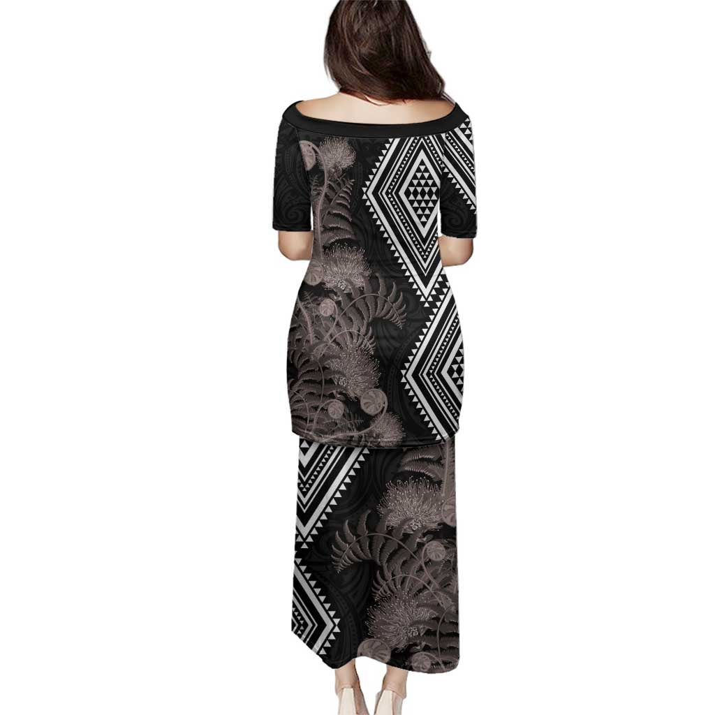 Aotearoa Tukutuku Motif Family Matching Puletasi and Hawaiian Shirt Pohutukawa and Fern Leaves Grayscale Color LT03 - Polynesian Pride