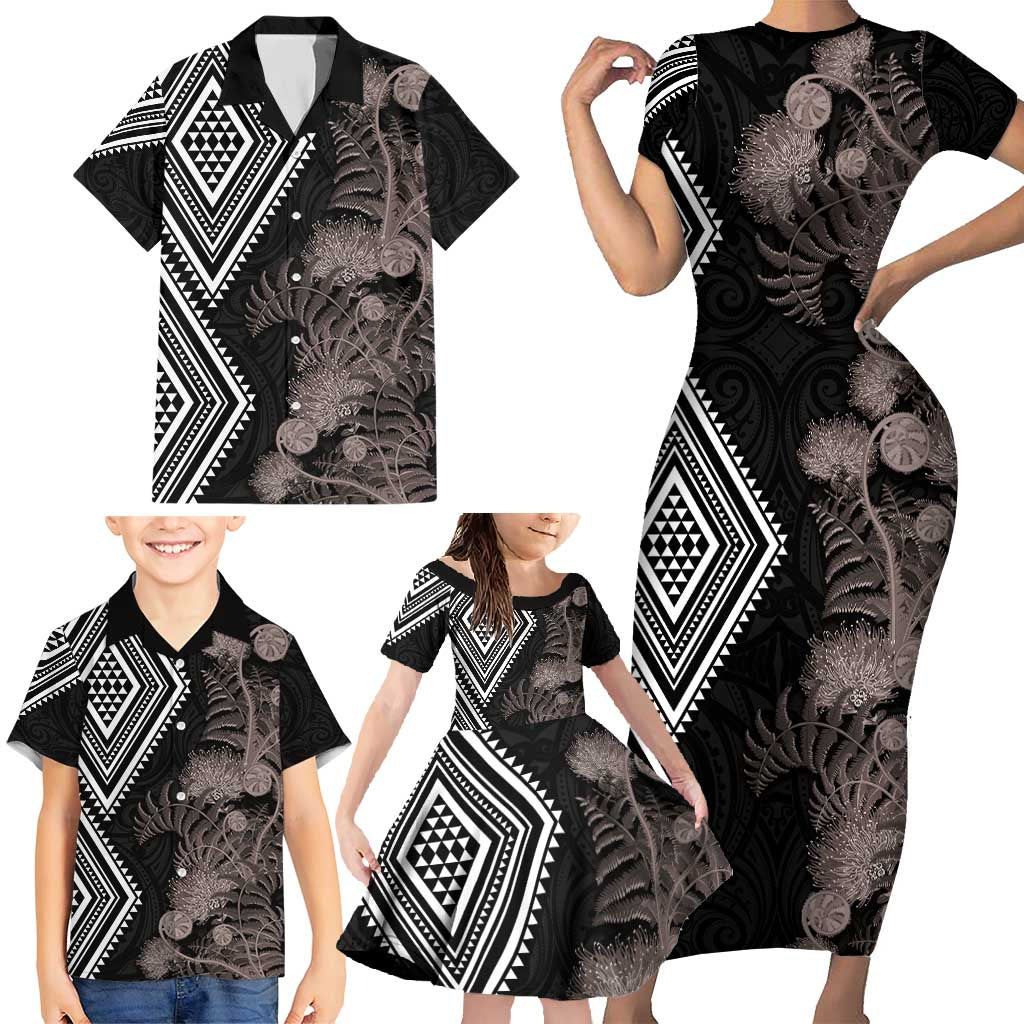Aotearoa Tukutuku Motif Family Matching Short Sleeve Bodycon Dress and Hawaiian Shirt Pohutukawa and Fern Leaves Grayscale Color LT03 - Polynesian Pride