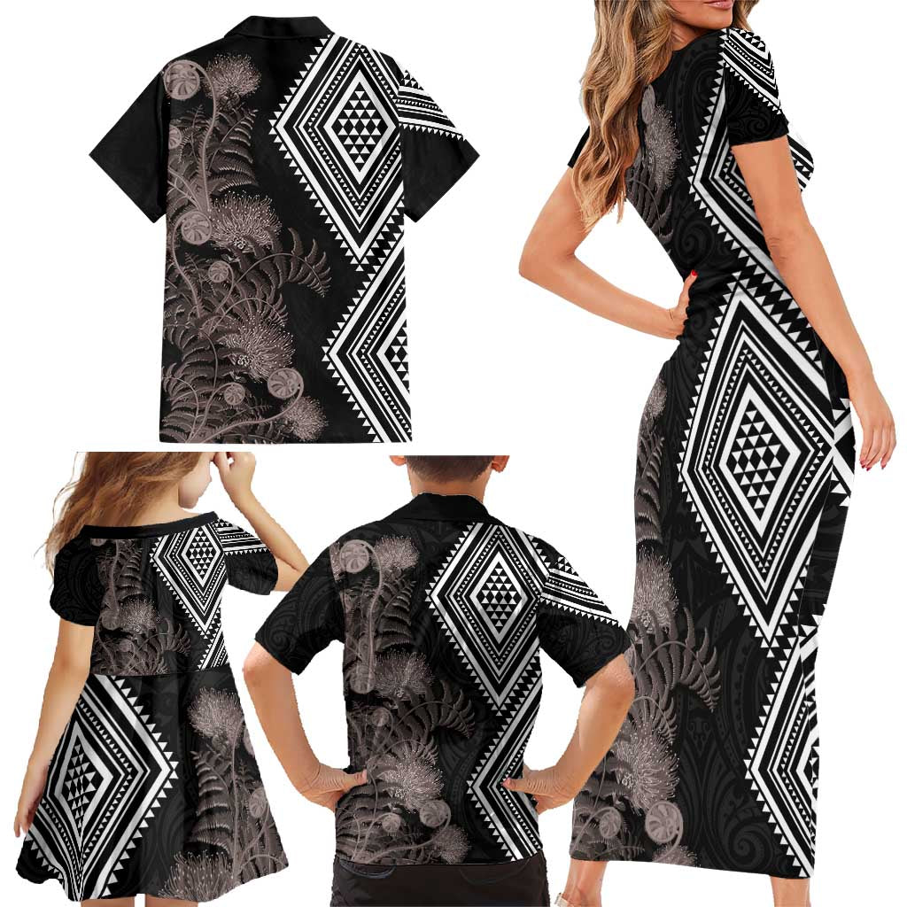 Aotearoa Tukutuku Motif Family Matching Short Sleeve Bodycon Dress and Hawaiian Shirt Pohutukawa and Fern Leaves Grayscale Color LT03 - Polynesian Pride