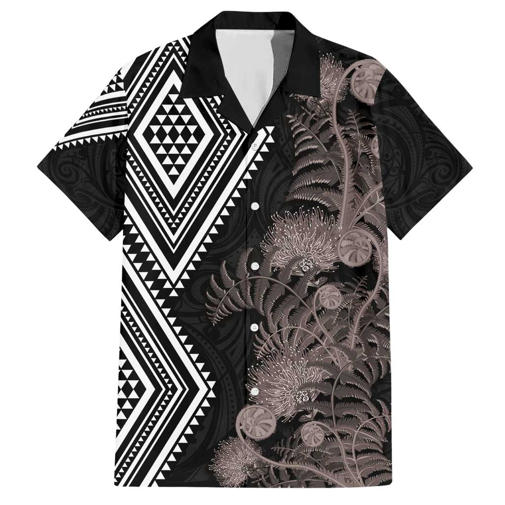 Aotearoa Tukutuku Motif Family Matching Short Sleeve Bodycon Dress and Hawaiian Shirt Pohutukawa and Fern Leaves Grayscale Color LT03 Dad's Shirt - Short Sleeve Black - Polynesian Pride