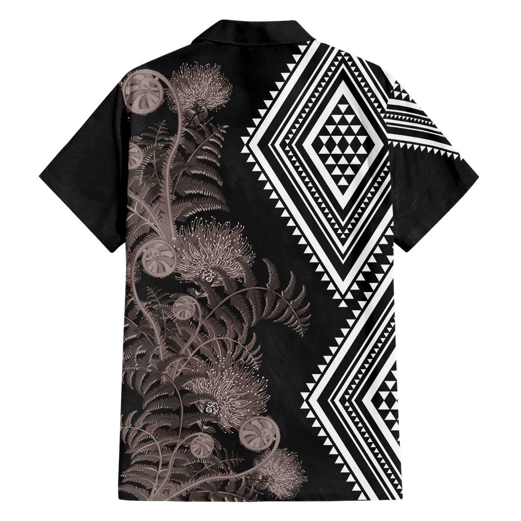 Aotearoa Tukutuku Motif Family Matching Short Sleeve Bodycon Dress and Hawaiian Shirt Pohutukawa and Fern Leaves Grayscale Color LT03 - Polynesian Pride