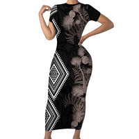 Aotearoa Tukutuku Motif Family Matching Short Sleeve Bodycon Dress and Hawaiian Shirt Pohutukawa and Fern Leaves Grayscale Color LT03 Mom's Dress Black - Polynesian Pride