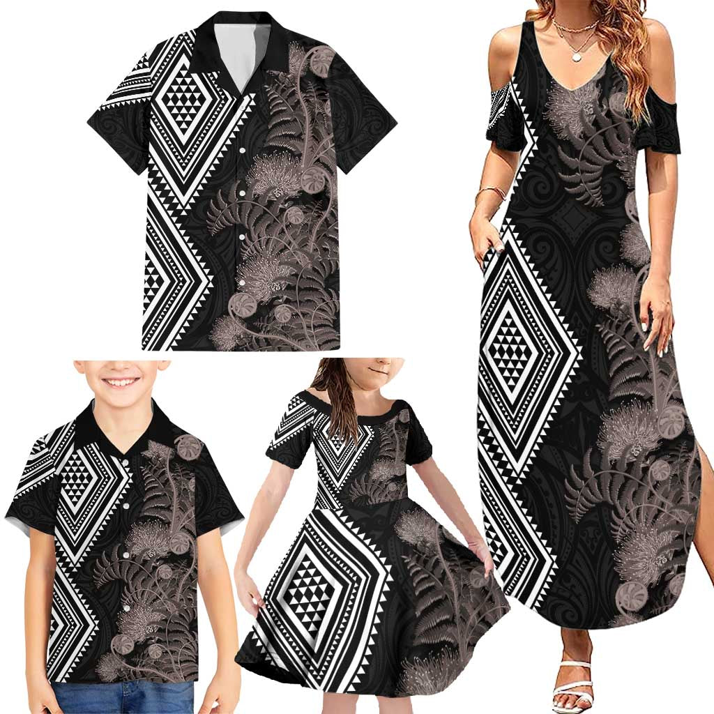 Aotearoa Tukutuku Motif Family Matching Summer Maxi Dress and Hawaiian Shirt Pohutukawa and Fern Leaves Grayscale Color LT03 - Polynesian Pride