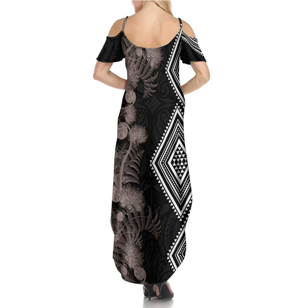 Aotearoa Tukutuku Motif Family Matching Summer Maxi Dress and Hawaiian Shirt Pohutukawa and Fern Leaves Grayscale Color LT03 - Polynesian Pride