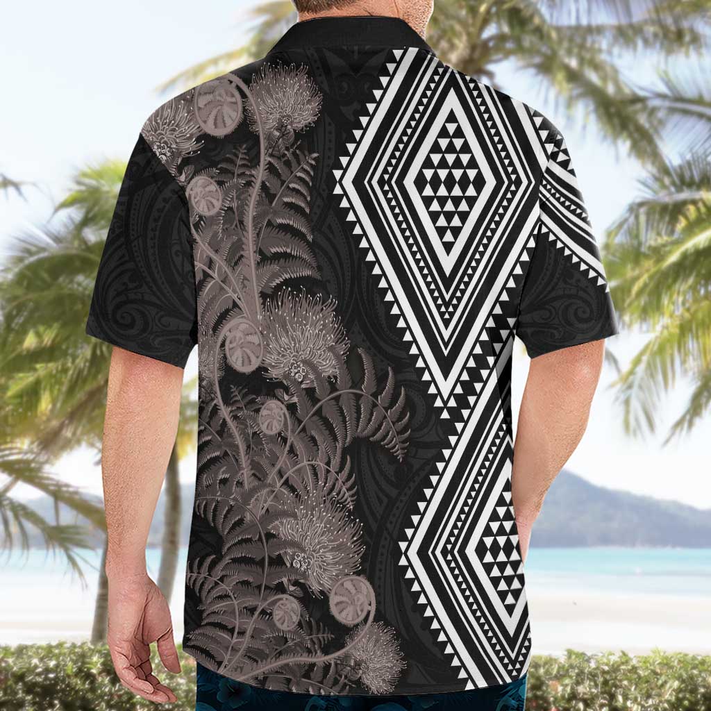Aotearoa Tukutuku Motif Hawaiian Shirt Pohutukawa and Fern Leaves Grayscale Color LT03 - Polynesian Pride