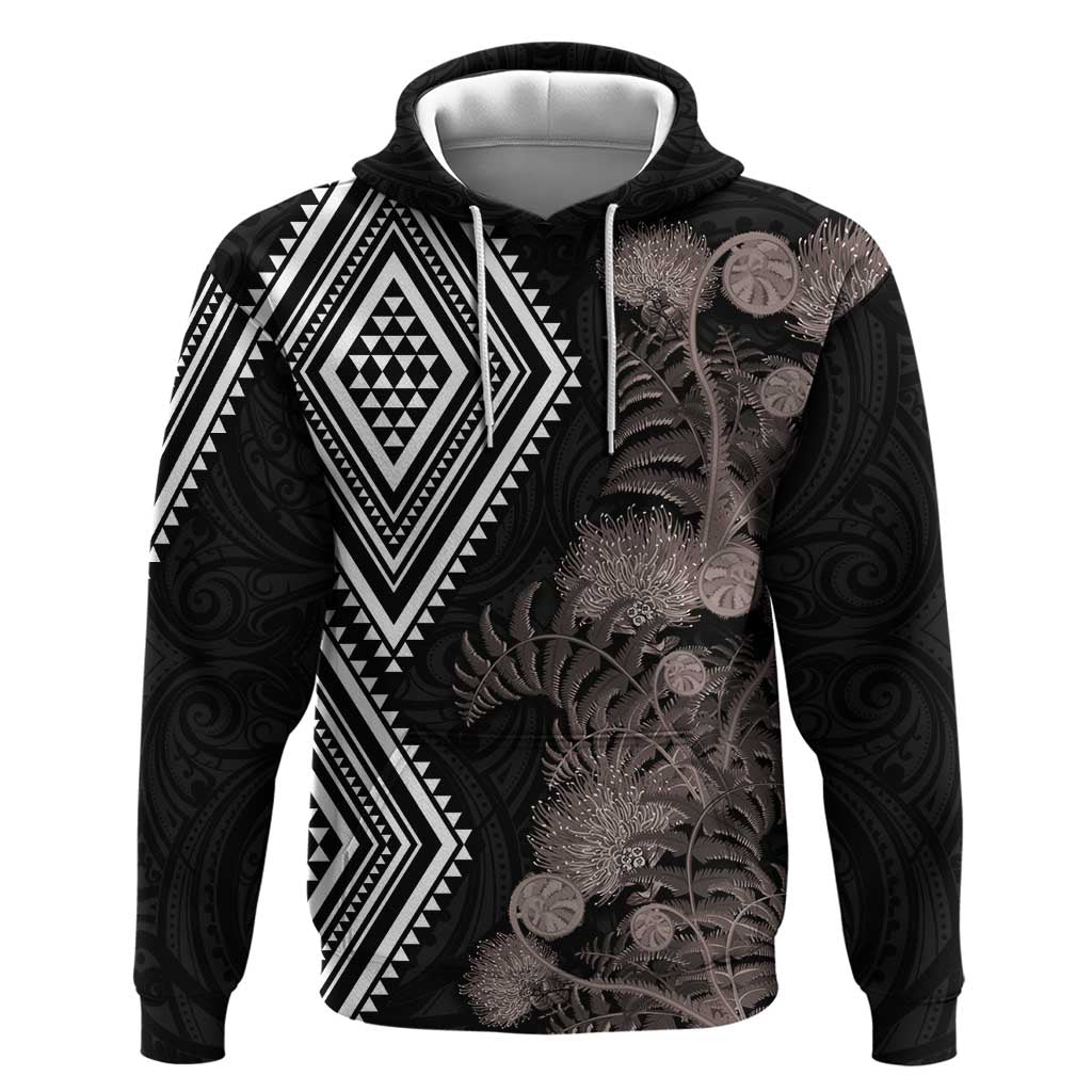 Aotearoa Tukutuku Motif Hoodie Pohutukawa and Fern Leaves Grayscale Color LT03 Pullover Hoodie Black - Polynesian Pride