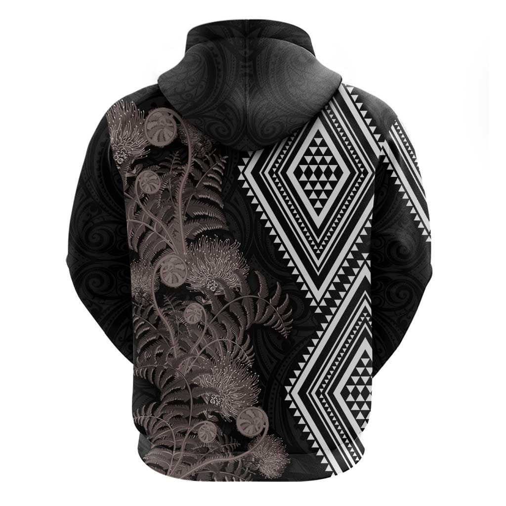 Aotearoa Tukutuku Motif Hoodie Pohutukawa and Fern Leaves Grayscale Color LT03 - Polynesian Pride