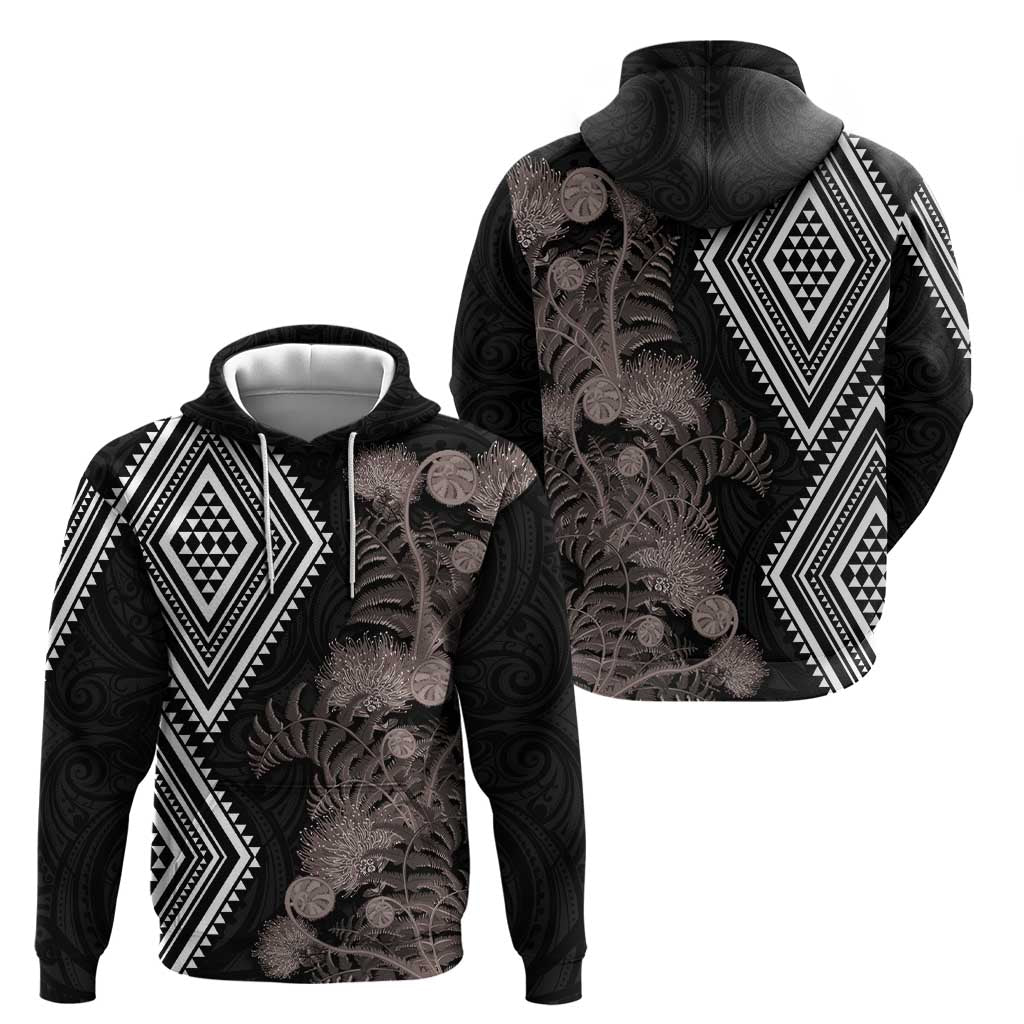 Aotearoa Tukutuku Motif Hoodie Pohutukawa and Fern Leaves Grayscale Color LT03 - Polynesian Pride