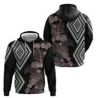 Aotearoa Tukutuku Motif Hoodie Pohutukawa and Fern Leaves Grayscale Color LT03 - Polynesian Pride
