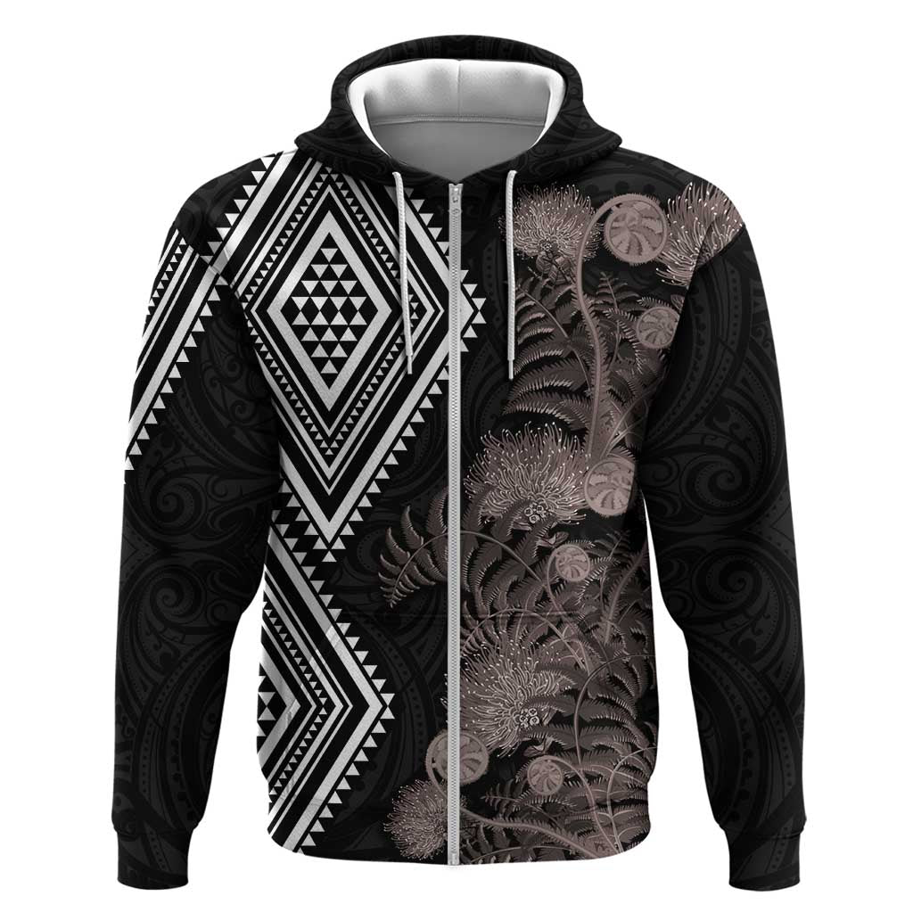 Aotearoa Tukutuku Motif Hoodie Pohutukawa and Fern Leaves Grayscale Color LT03 Zip Hoodie Black - Polynesian Pride