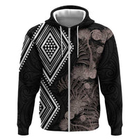 Aotearoa Tukutuku Motif Hoodie Pohutukawa and Fern Leaves Grayscale Color LT03 Zip Hoodie Black - Polynesian Pride