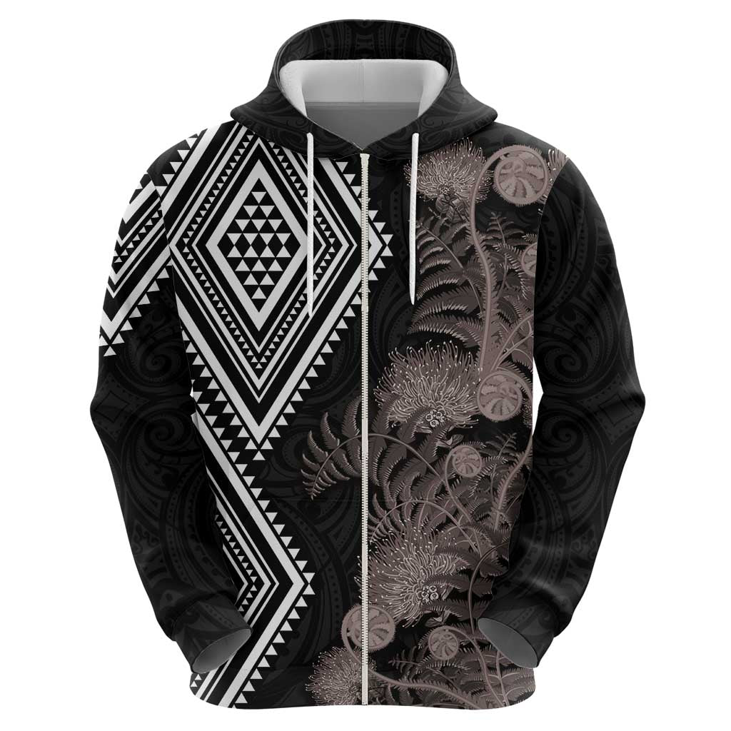 Aotearoa Tukutuku Motif Hoodie Pohutukawa and Fern Leaves Grayscale Color LT03 - Polynesian Pride