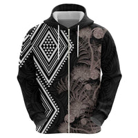 Aotearoa Tukutuku Motif Hoodie Pohutukawa and Fern Leaves Grayscale Color LT03 - Polynesian Pride