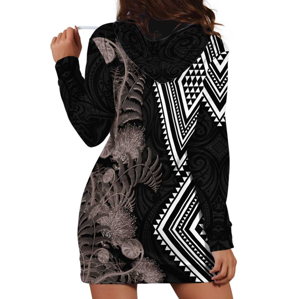 Aotearoa Tukutuku Motif Hoodie Dress Pohutukawa and Fern Leaves Grayscale Color