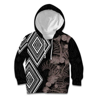 Aotearoa Tukutuku Motif Kid Hoodie Pohutukawa and Fern Leaves Grayscale Color LT03 Hoodie Black - Polynesian Pride