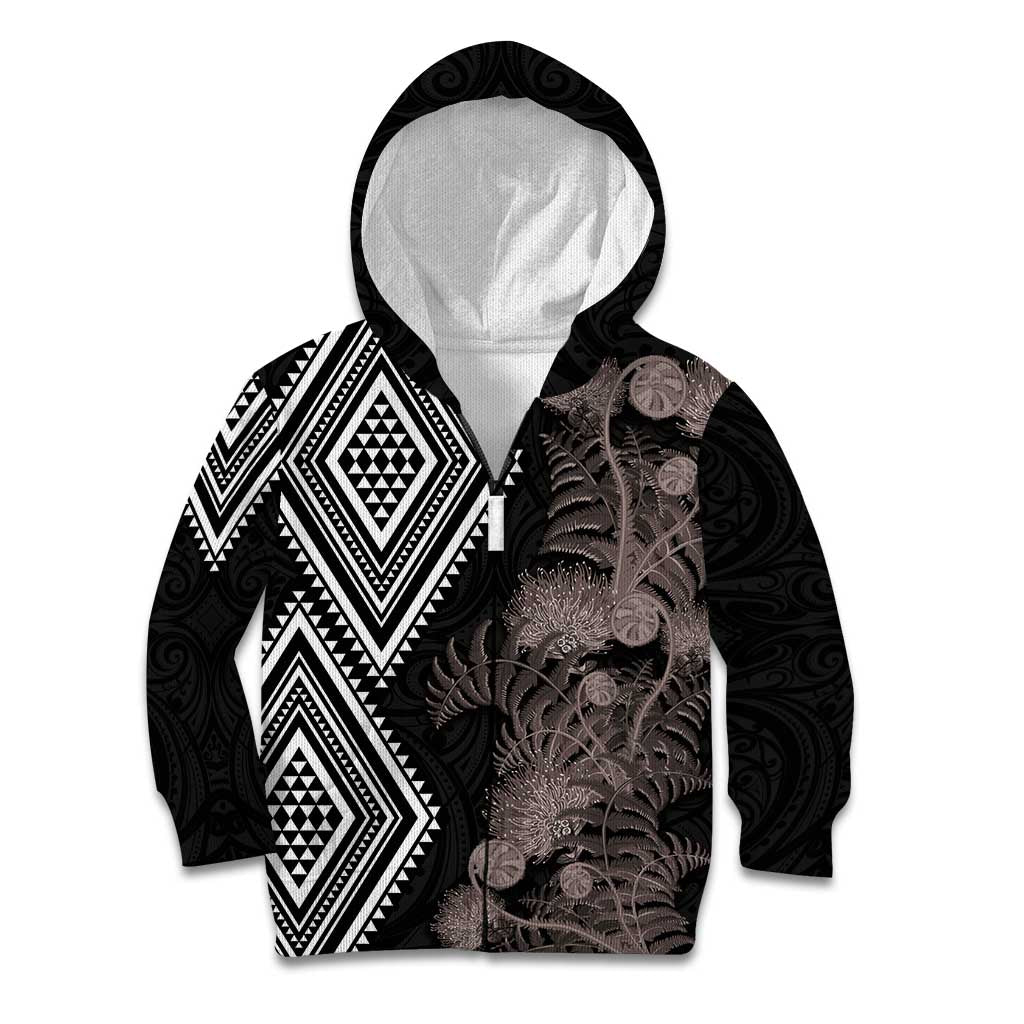 Aotearoa Tukutuku Motif Kid Hoodie Pohutukawa and Fern Leaves Grayscale Color LT03 Zip Hoodie Black - Polynesian Pride