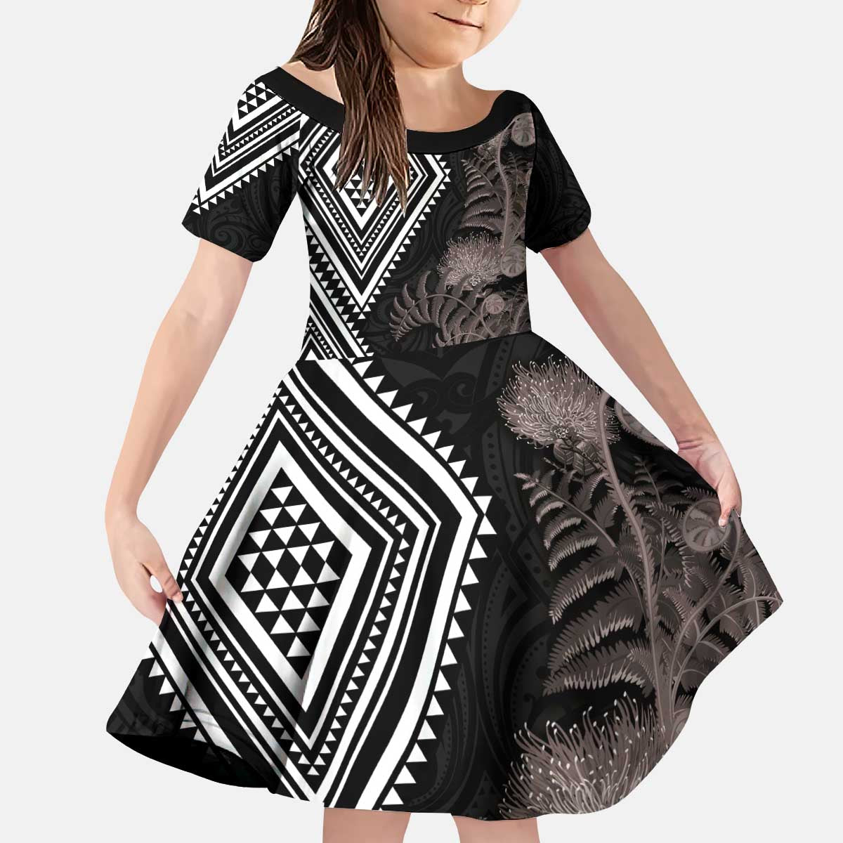 Aotearoa Tukutuku Motif Kid Short Sleeve Dress Pohutukawa and Fern Leaves Grayscale Color