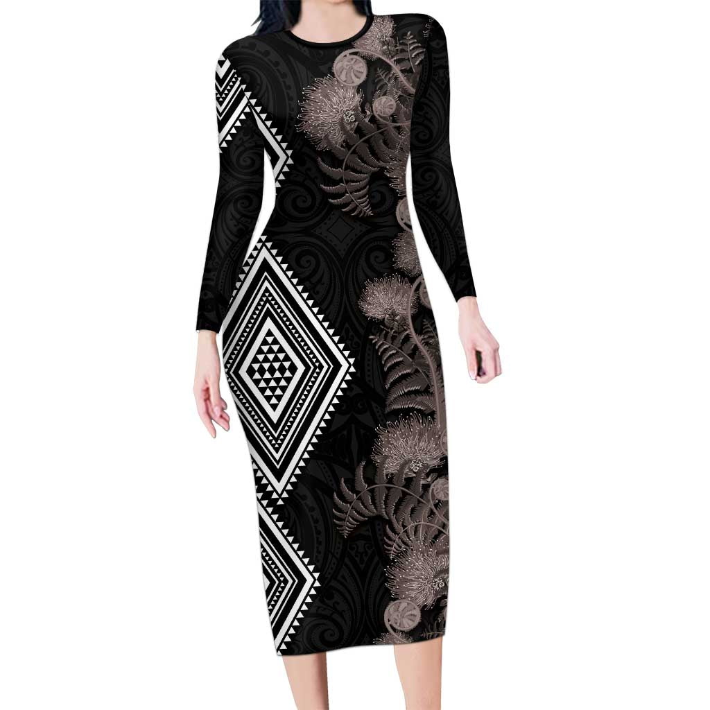 Aotearoa Tukutuku Motif Long Sleeve Bodycon Dress Pohutukawa and Fern Leaves Grayscale Color LT03 Long Dress Black - Polynesian Pride