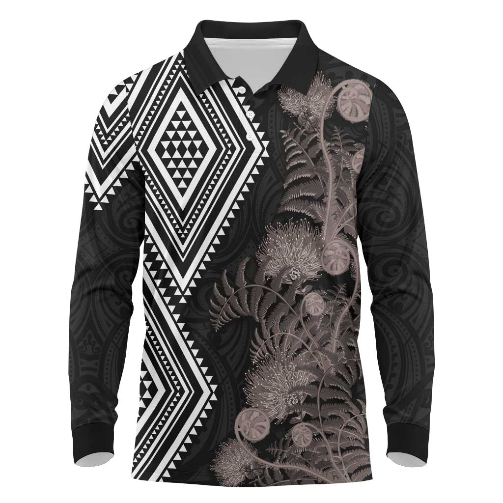 Aotearoa Tukutuku Motif Long Sleeve Polo Shirt Pohutukawa and Fern Leaves Grayscale Color