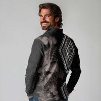 Aotearoa Tukutuku Motif Long Sleeve Polo Shirt Pohutukawa and Fern Leaves Grayscale Color