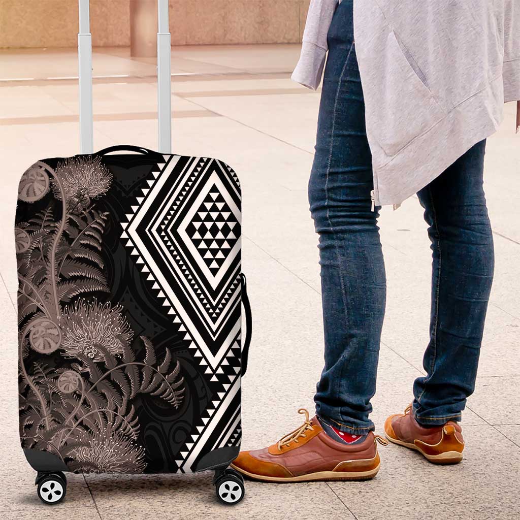 Aotearoa Tukutuku Motif Luggage Cover Pohutukawa and Fern Leaves Grayscale Color