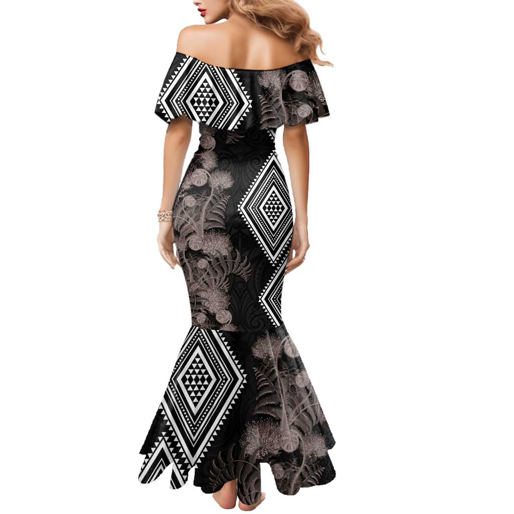 Aotearoa Tukutuku Motif Mermaid Dress Pohutukawa and Fern Leaves Grayscale Color LT03 - Polynesian Pride