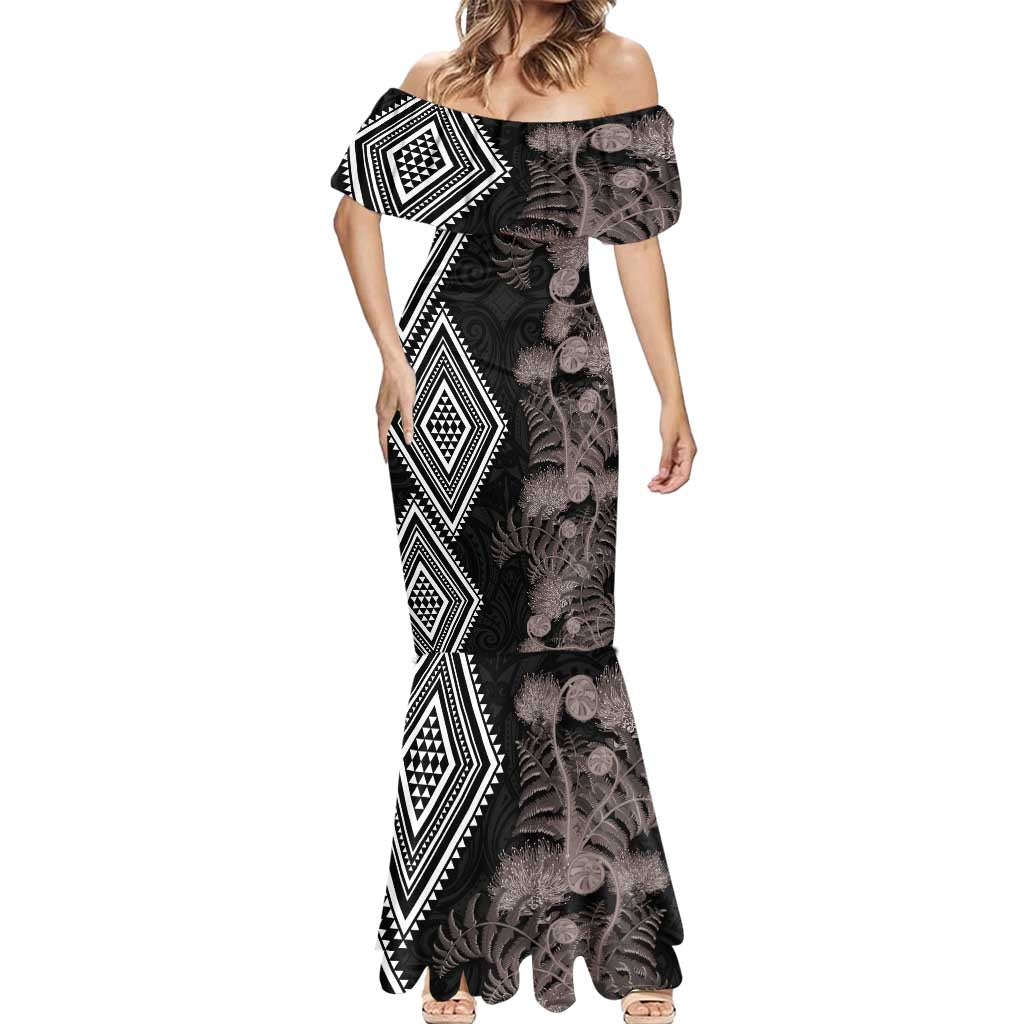 Aotearoa Tukutuku Motif Mermaid Dress Pohutukawa and Fern Leaves Grayscale Color LT03 - Polynesian Pride