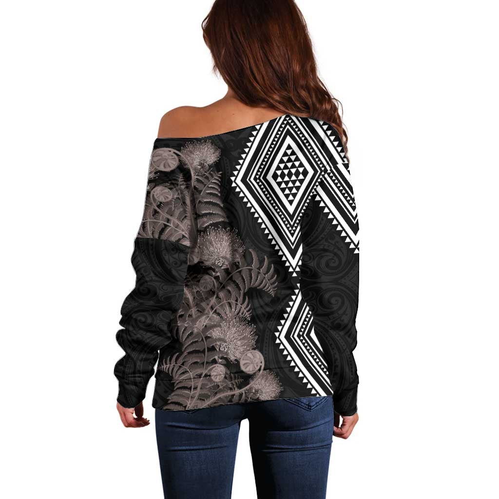 Aotearoa Tukutuku Motif Off Shoulder Sweater Pohutukawa and Fern Leaves Grayscale Color LT03 - Polynesian Pride