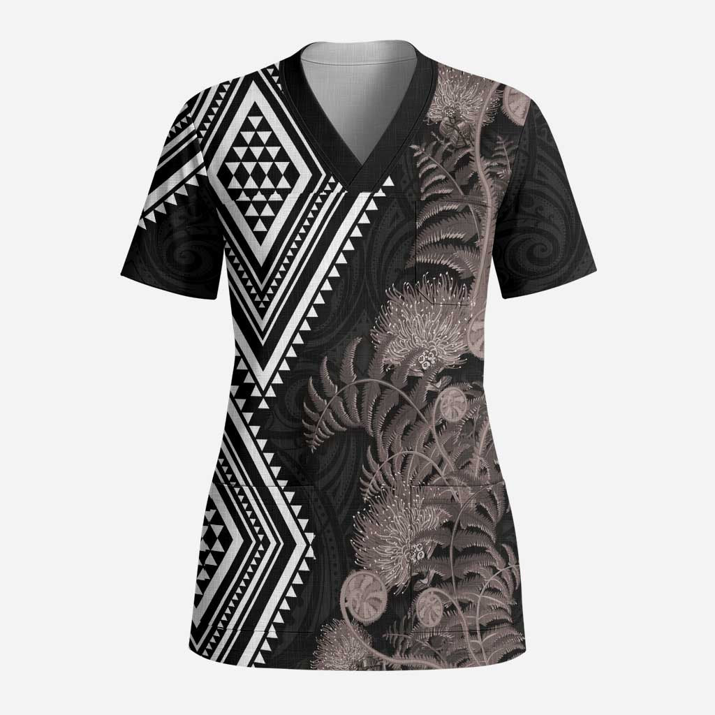 Aotearoa Tukutuku Motif Scrub Top Pohutukawa and Fern Leaves Grayscale Color - Polynesian Pride
