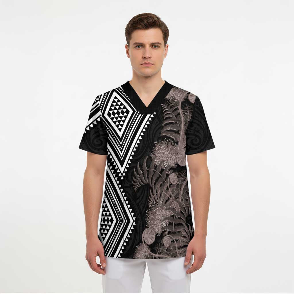 Aotearoa Tukutuku Motif Scrub Top Pohutukawa and Fern Leaves Grayscale Color - Polynesian Pride