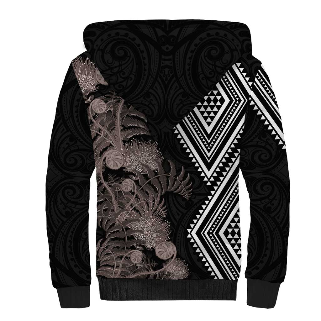 Aotearoa Tukutuku Motif Sherpa Hoodie Pohutukawa and Fern Leaves Grayscale Color LT03 - Polynesian Pride