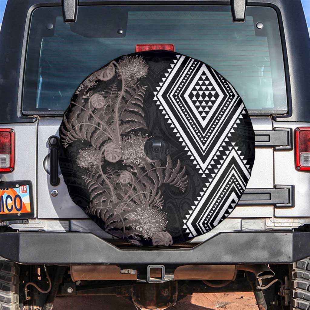 Aotearoa Tukutuku Motif Spare Tire Cover Pohutukawa and Fern Leaves Grayscale Color LT03 Black - Polynesian Pride