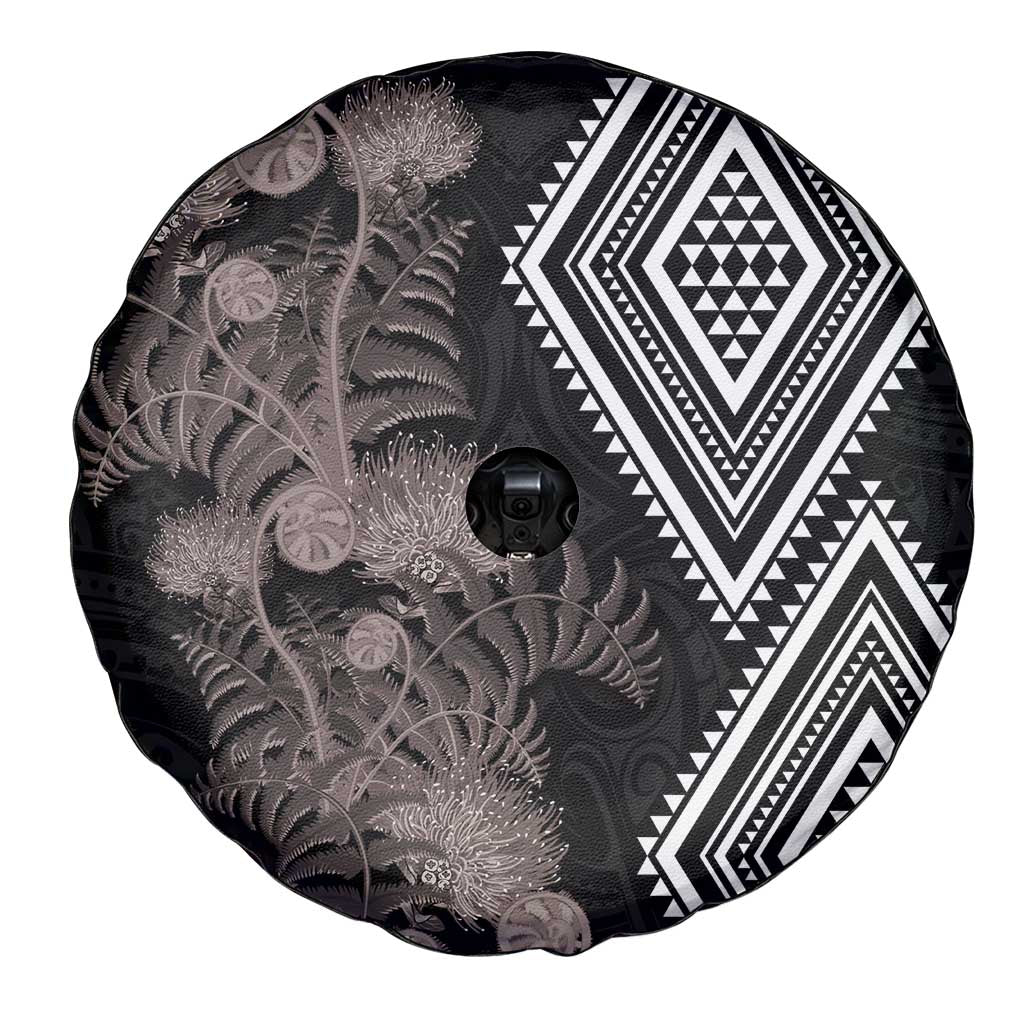 Aotearoa Tukutuku Motif Spare Tire Cover Pohutukawa and Fern Leaves Grayscale Color LT03 - Polynesian Pride