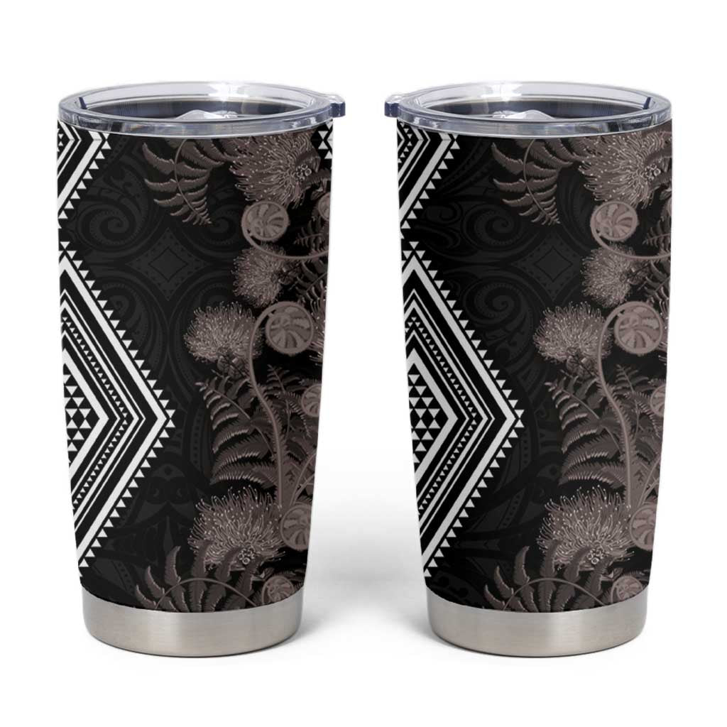 Aotearoa Tukutuku Motif Tumbler Cup Pohutukawa and Fern Leaves Grayscale Color LT03 Black - Polynesian Pride