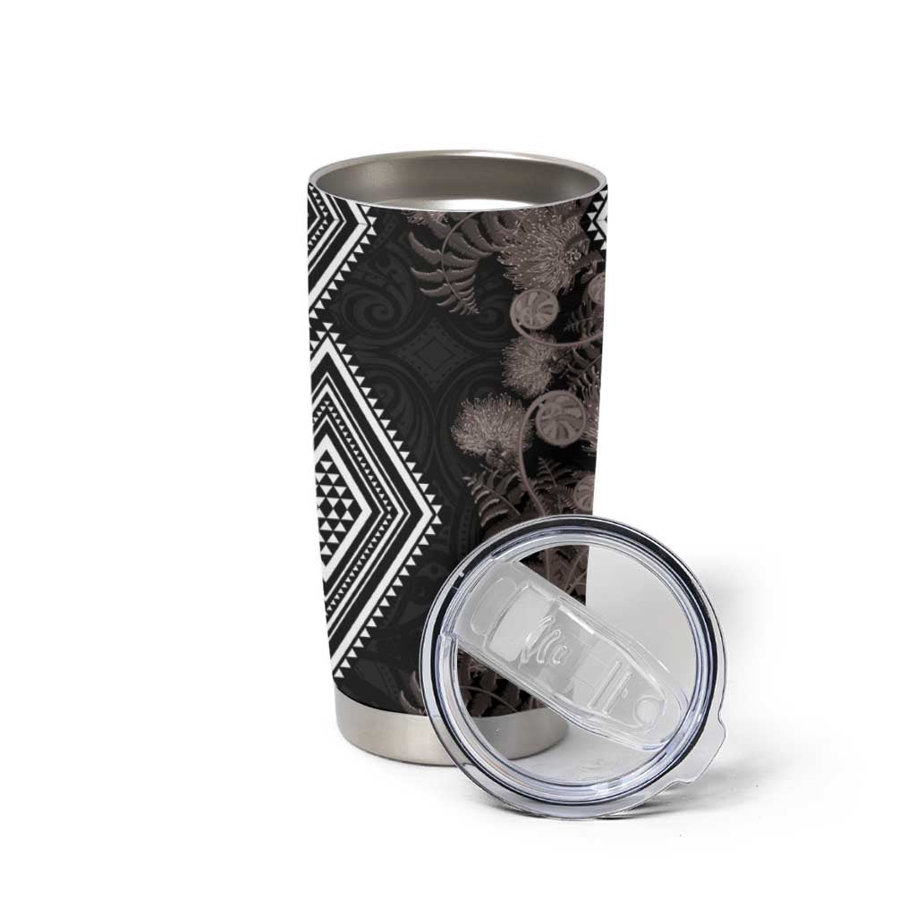 Aotearoa Tukutuku Motif Tumbler Cup Pohutukawa and Fern Leaves Grayscale Color LT03 - Polynesian Pride