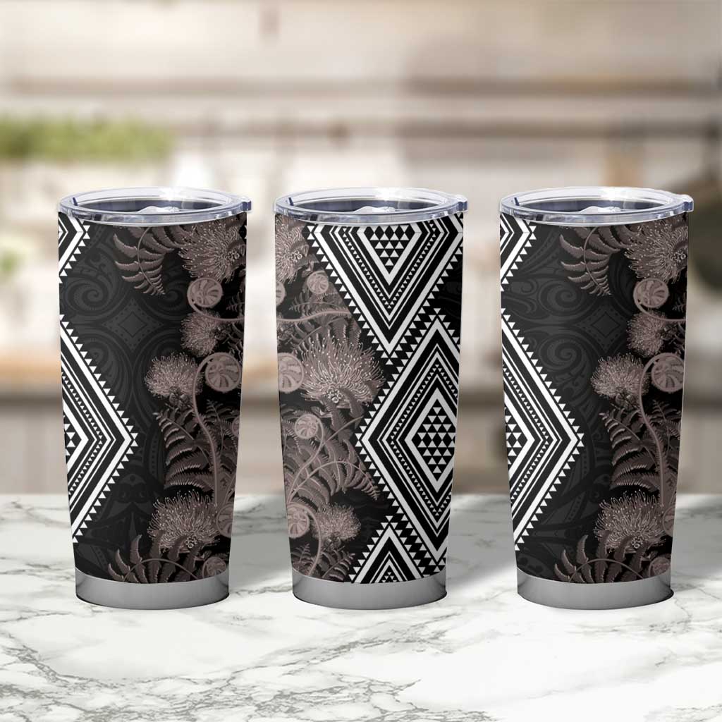 Aotearoa Tukutuku Motif Tumbler Cup Pohutukawa and Fern Leaves Grayscale Color LT03 - Polynesian Pride