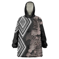 Aotearoa Tukutuku Motif Wearable Blanket Hoodie Pohutukawa and Fern Leaves Grayscale Color LT03 One Size Black - Polynesian Pride