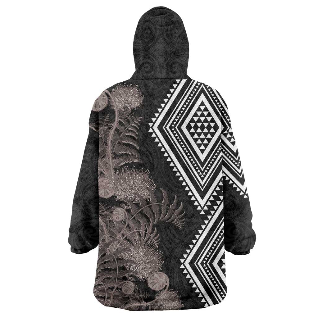 Aotearoa Tukutuku Motif Wearable Blanket Hoodie Pohutukawa and Fern Leaves Grayscale Color LT03 - Polynesian Pride