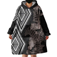 Aotearoa Tukutuku Motif Wearable Blanket Hoodie Pohutukawa and Fern Leaves Grayscale Color LT03 - Polynesian Pride
