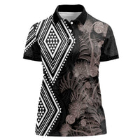 Aotearoa Tukutuku Motif Women Polo Shirt Pohutukawa and Fern Leaves Grayscale Color LT03 Female Black - Polynesian Pride