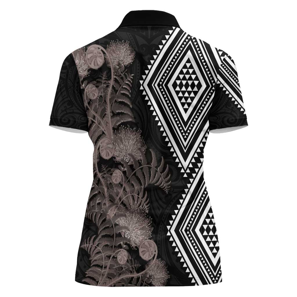 Aotearoa Tukutuku Motif Women Polo Shirt Pohutukawa and Fern Leaves Grayscale Color LT03 - Polynesian Pride