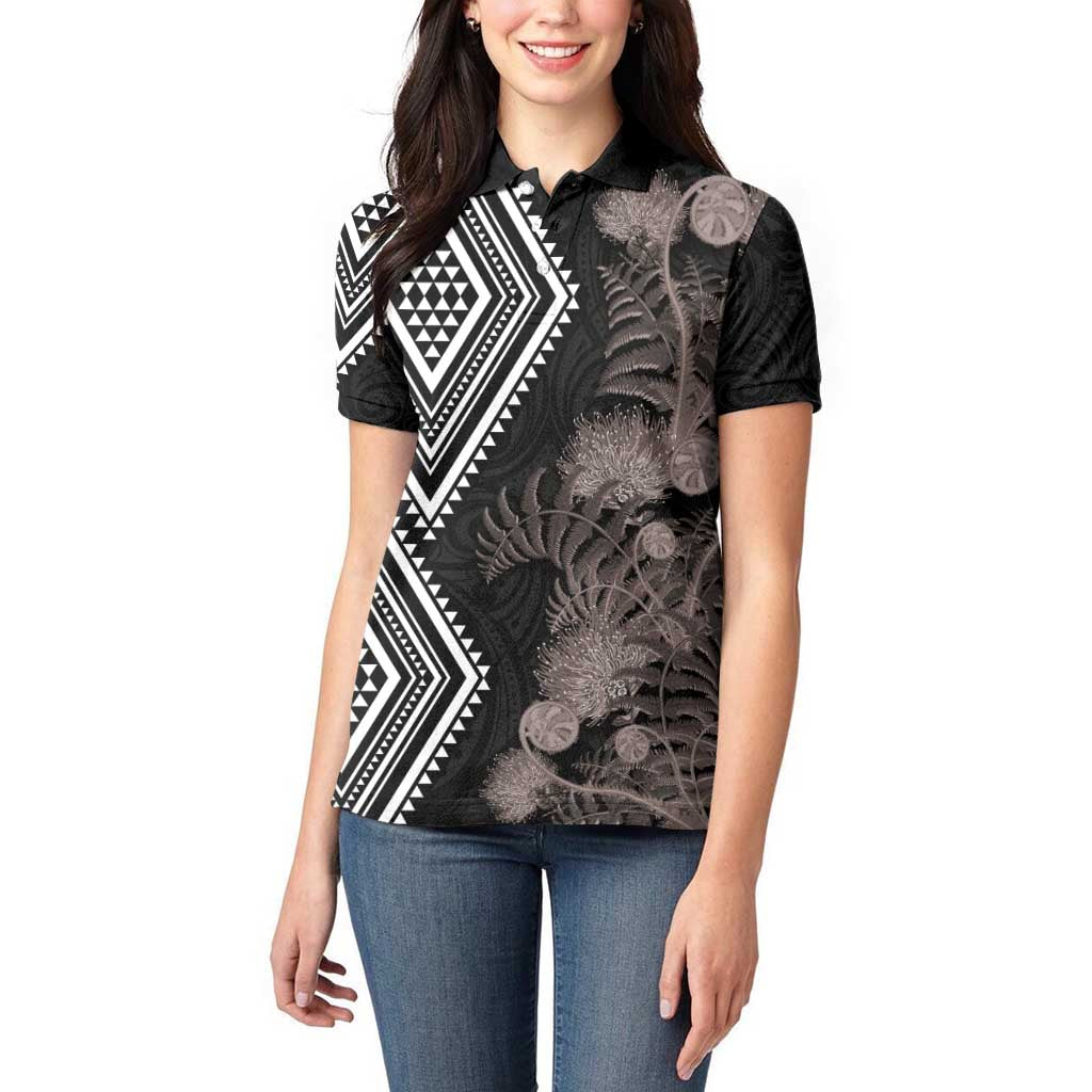 Aotearoa Tukutuku Motif Women Polo Shirt Pohutukawa and Fern Leaves Grayscale Color LT03 - Polynesian Pride