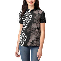 Aotearoa Tukutuku Motif Women Polo Shirt Pohutukawa and Fern Leaves Grayscale Color LT03 - Polynesian Pride