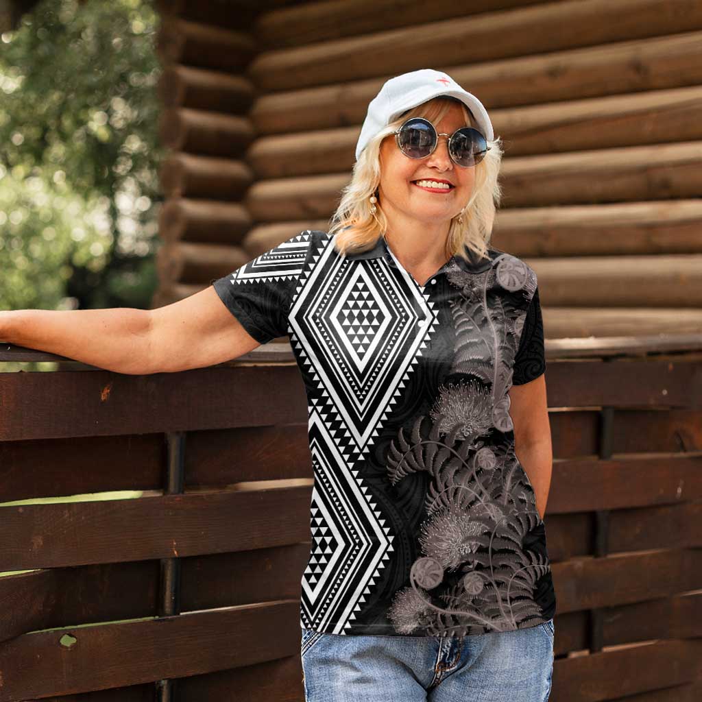 Aotearoa Tukutuku Motif Women Polo Shirt Pohutukawa and Fern Leaves Grayscale Color LT03 - Polynesian Pride