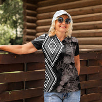 Aotearoa Tukutuku Motif Women Polo Shirt Pohutukawa and Fern Leaves Grayscale Color LT03 - Polynesian Pride