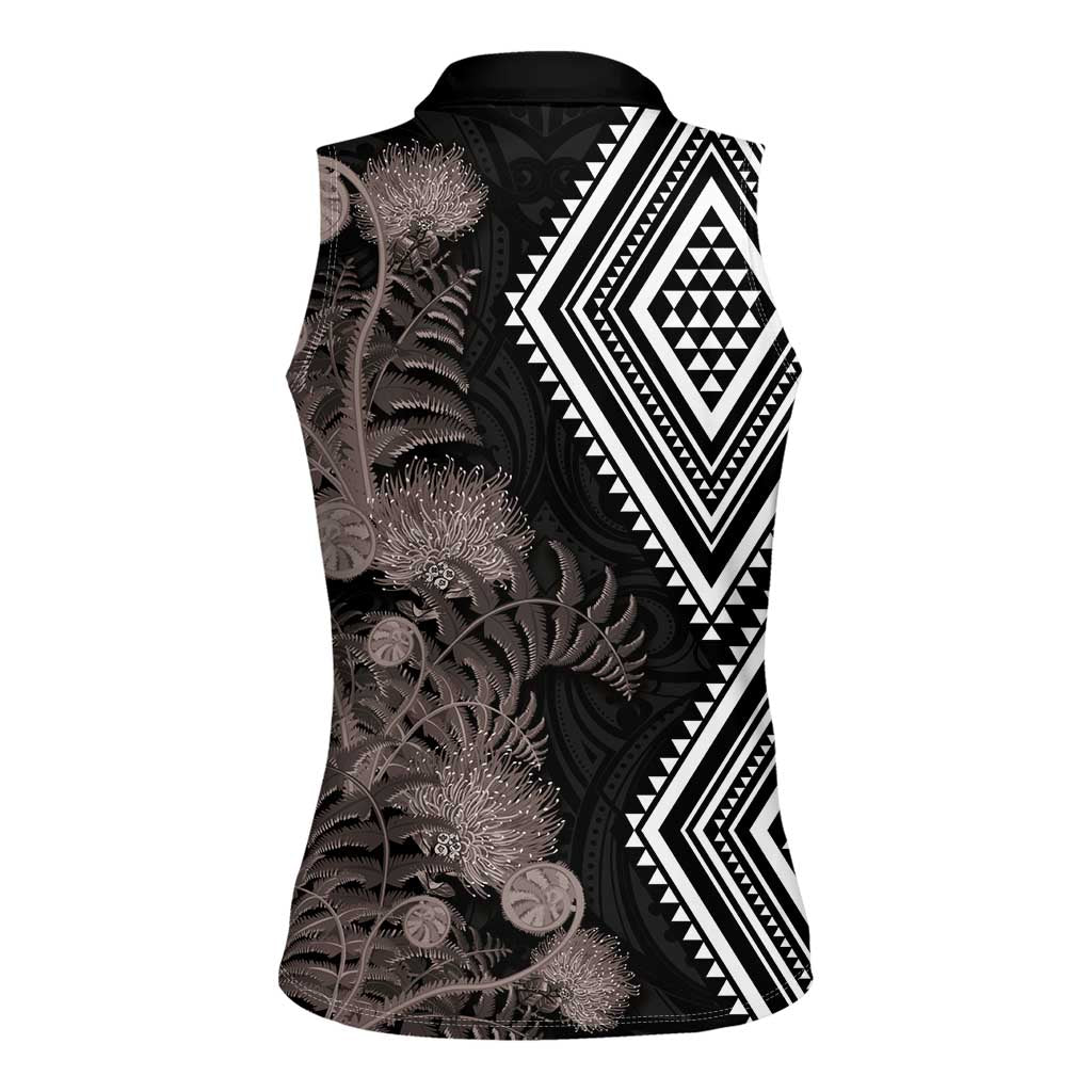Aotearoa Tukutuku Motif Women Sleeveless Polo Shirt Pohutukawa and Fern Leaves Grayscale Color