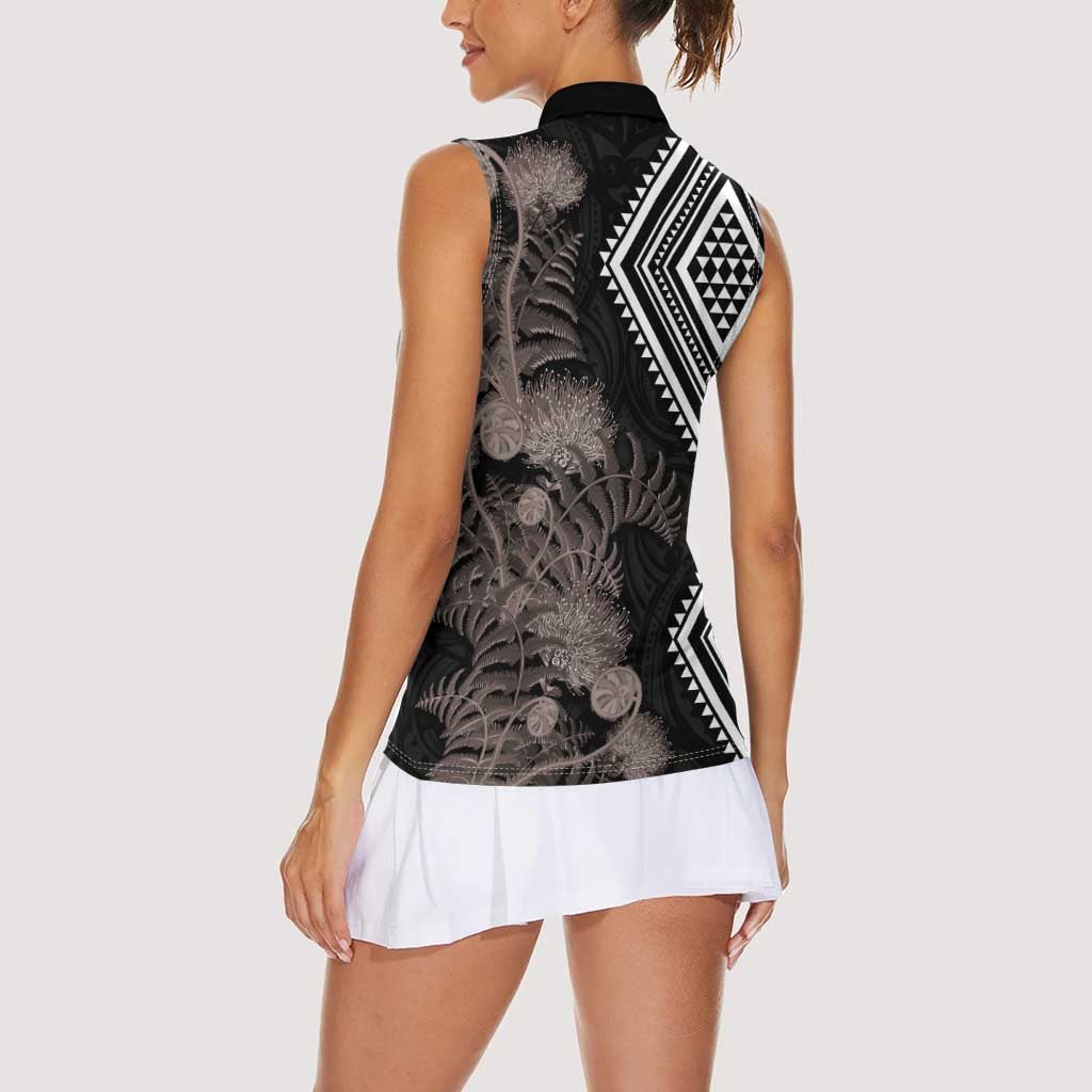Aotearoa Tukutuku Motif Women Sleeveless Polo Shirt Pohutukawa and Fern Leaves Grayscale Color