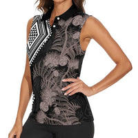 Aotearoa Tukutuku Motif Women Sleeveless Polo Shirt Pohutukawa and Fern Leaves Grayscale Color